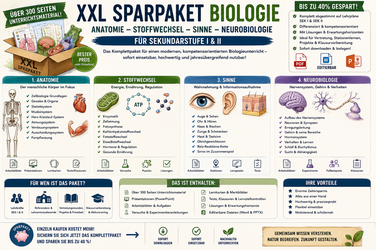 XXL Sparpaket Biologie Infografik zu Anatomie Stoffwechsel Sinnen Neurobiologie Unterrichtsmaterial für Sekundarstufe