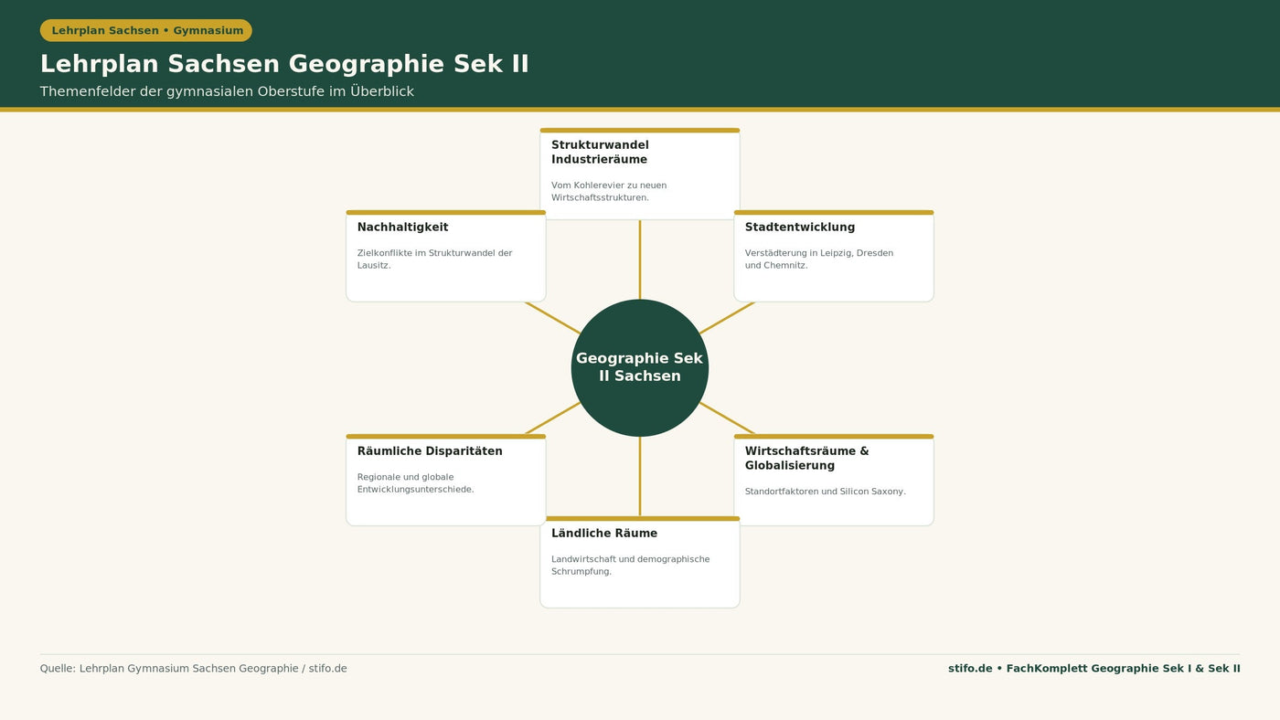 Lehrplan Sachsen Geographie Sek II: Infografik zu den Themenfeldern Strukturwandel, Stadtentwicklung, Wirtschaftsräume, ländliche Räume, Disparitäten und Nachhaltigkeit der gymnasialen Oberstufe.
