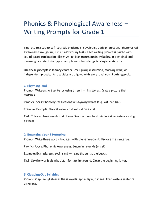 Writing Prompts Englisch – Klasse 1 | Phonics & Lautbewusstsein