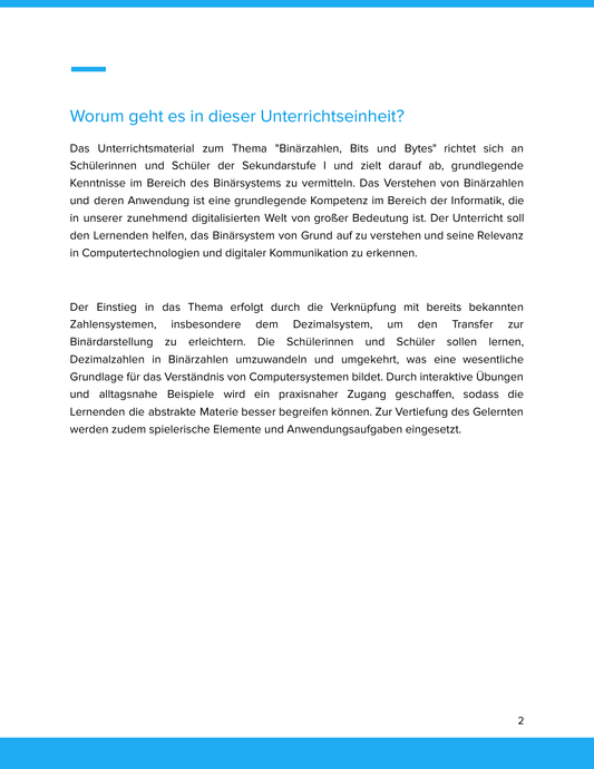 Unterrichtsmaterial „Binärzahlen, Bits und Bytes (Binärsystem)“ (SEK I)