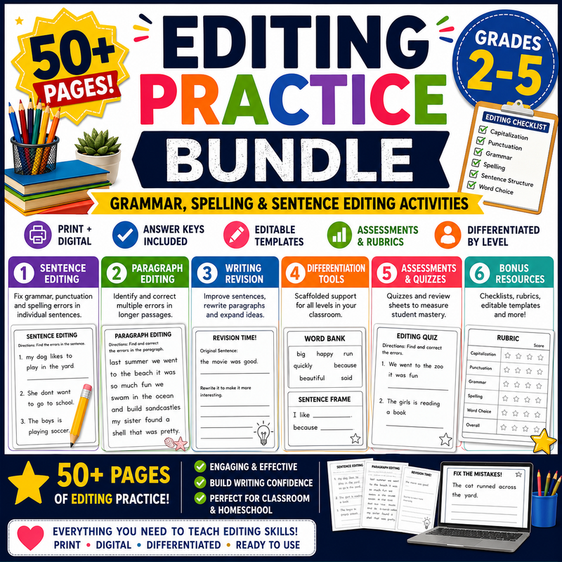 Editing Practice Bundle für Englisch | Grammatik, Rechtschreibung & Satzkorrektur Grades 2–5
