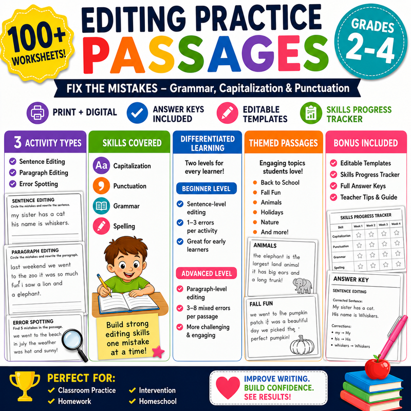 Editing Practice Passages Grades 2-4 | Grammar, Punctuation & Capitalization Activities
