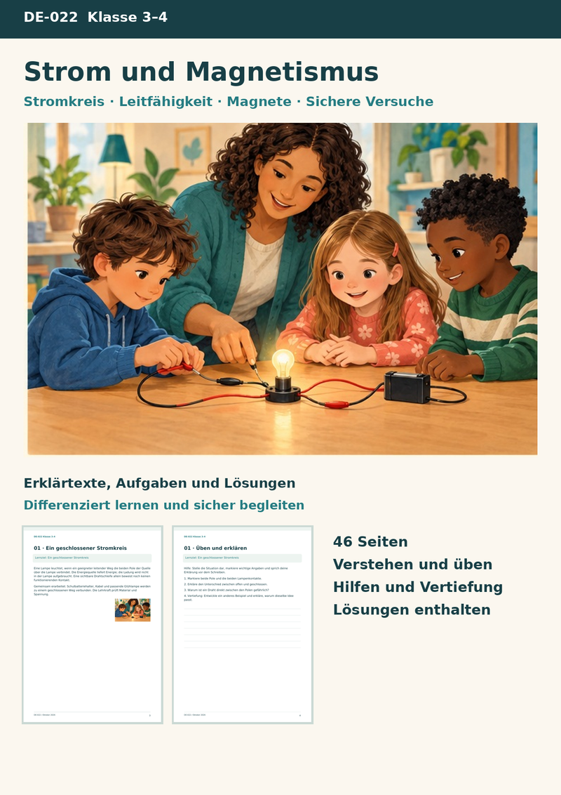 Strom und Magnetismus im Sachunterricht – Stromkreis, Leitfähigkeit, Magnete und Kompass – Titelbild