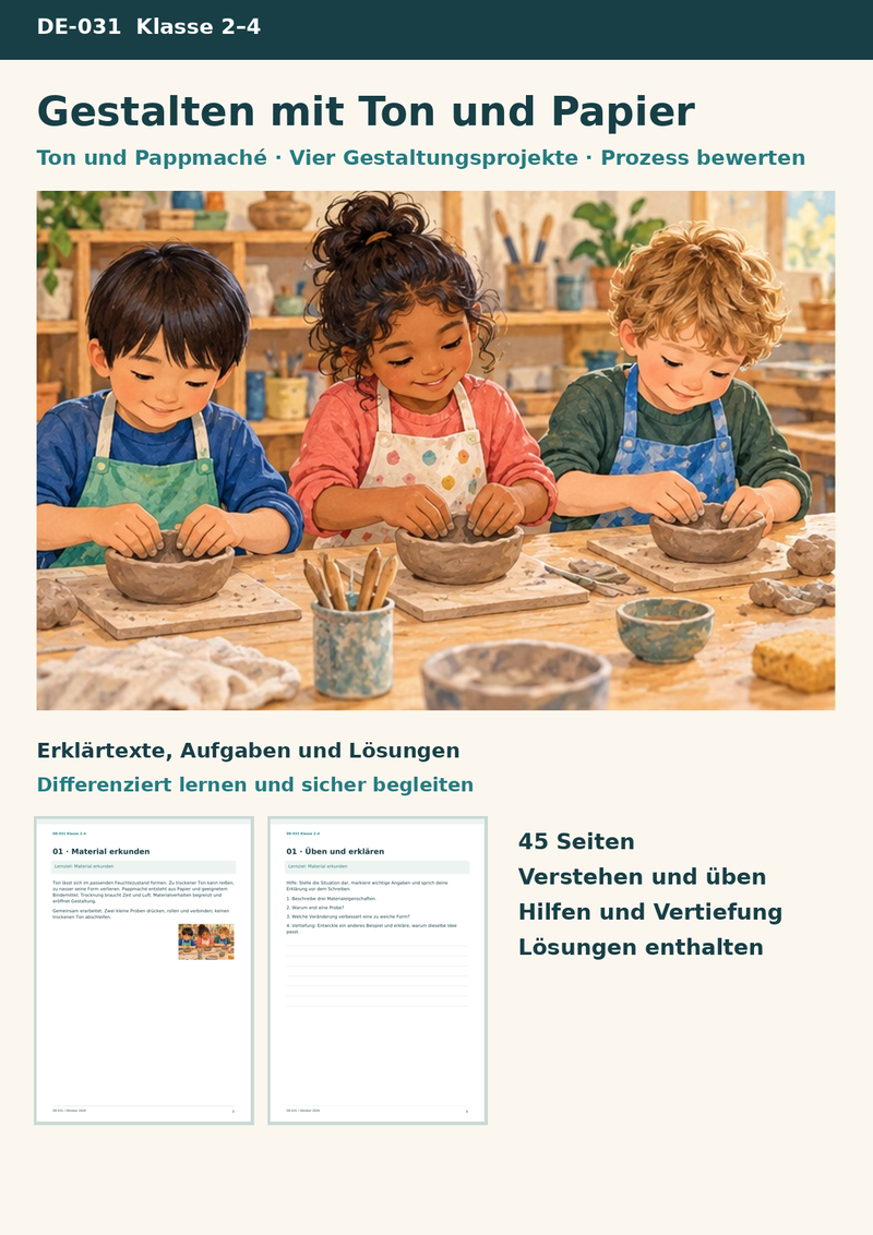 Plastisches Gestalten mit Ton und Pappmaché – Vier Gestaltungsprojekte vom Material bis zur begründeten Bewertung – Titelbild