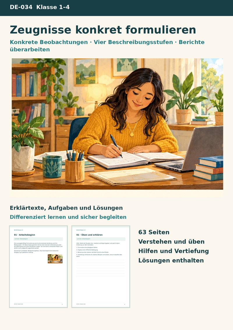 Zeugnisformulierungen und Lernentwicklungsberichte – Konkrete Beobachtungen in vier Stufen beschreiben – Titelbild