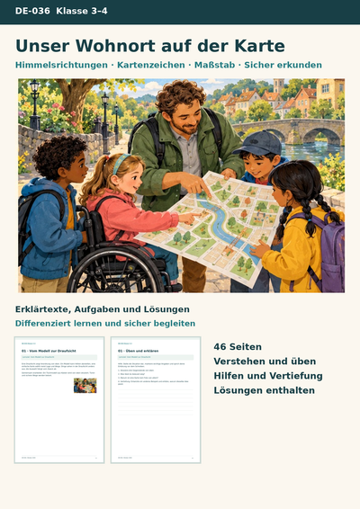 Mein Wohnort und Karten lesen – Himmelsrichtungen, Kartenzeichen, Maßstab und sicheres Erkunden | Sachunterricht Klasse 3/4