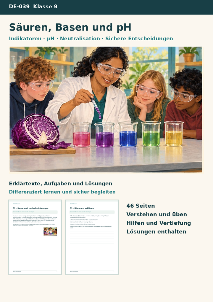Säuren, Laugen, Neutralisation – Indikatoren, pH-Skala und sichere Entscheidungen im Chemieunterricht – Titelbild