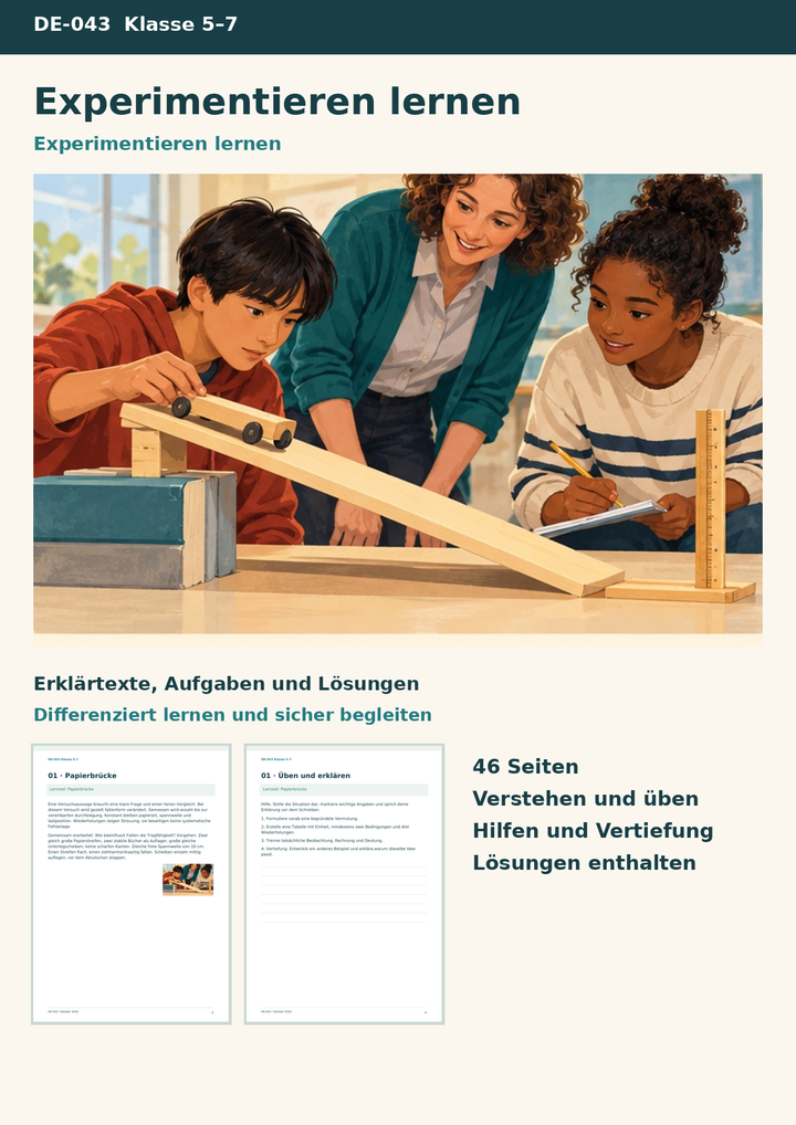 Experimentieren lernen – Hypothese, Variable und Messfehler an acht Versuchen von Papierbrücke bis Reibung – Titelbild