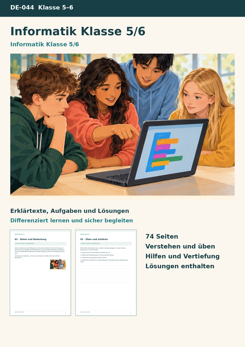 Informatik Klasse 5/6 – Einführung ins Pflichtfach mit Programmierstudio und Projektauftrag – Titelbild