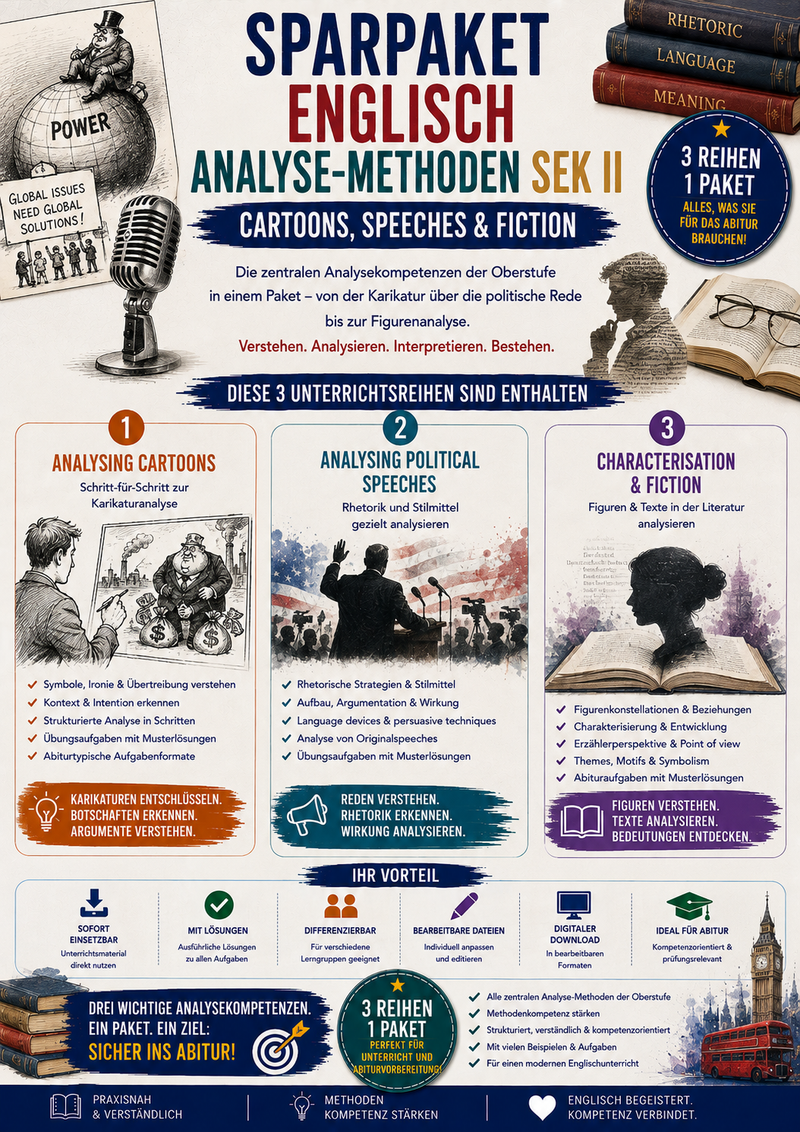 Sparpaket Englisch Analyse-Methoden Sek II – Cartoons, Speeches & Fiction