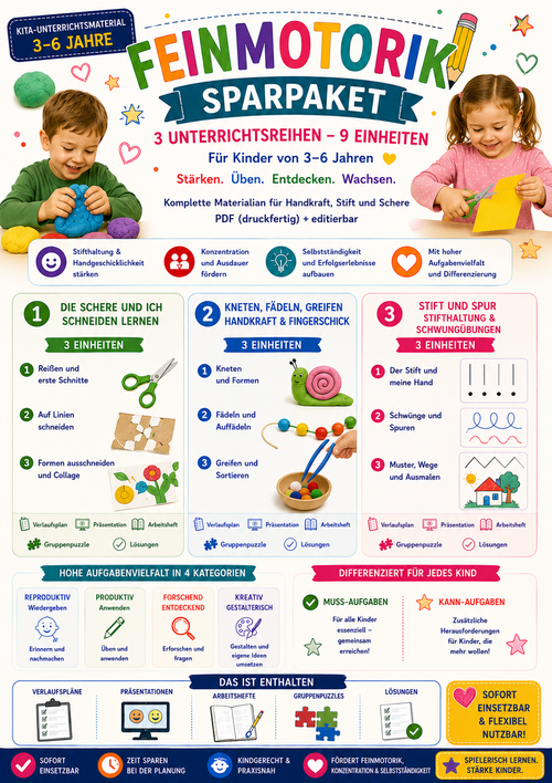 Sparpaket Feinmotorik · 3 Unterrichtsreihen | Kita-Unterrichtsmaterial (3–6 Jahre)