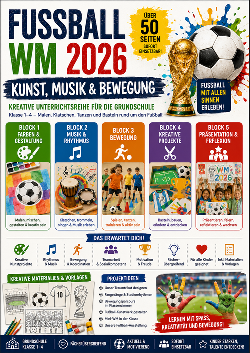 Fußball-WM 2026 kreatives Unterrichtsmaterial für die Grundschule Klasse 1 bis 4 zu Kunst, Musik, Rhythmus, Bewegung, Farben und Bastelaufgaben