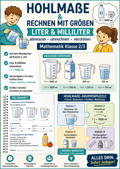 Hohlmaße & Rechnen mit Größen – Liter & Milliliter | Mathematik Klasse 2/3