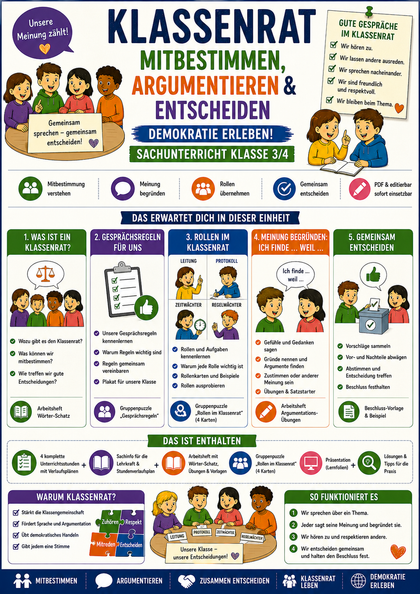 Klassenrat – mitbestimmen, argumentieren & entscheiden | Demokratie | Sachunterricht Klasse 3/4