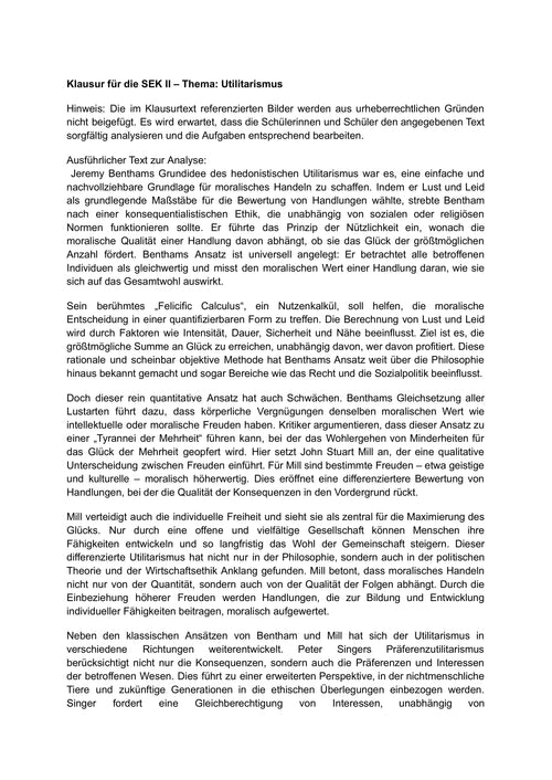 Utilitarismus-Klausur – Bentham, Mill & Singer analysieren (Sek II)