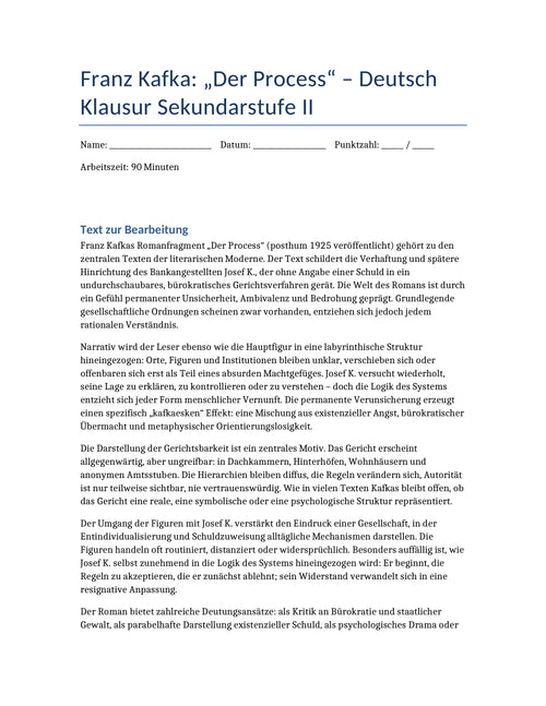 Der Process – Kafka | Klausur zu Bürokratie, Macht & Moderne (Sek II)