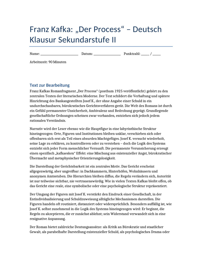 Der Process – Kafka | Klausur zu Bürokratie, Macht & Moderne (Sek II)