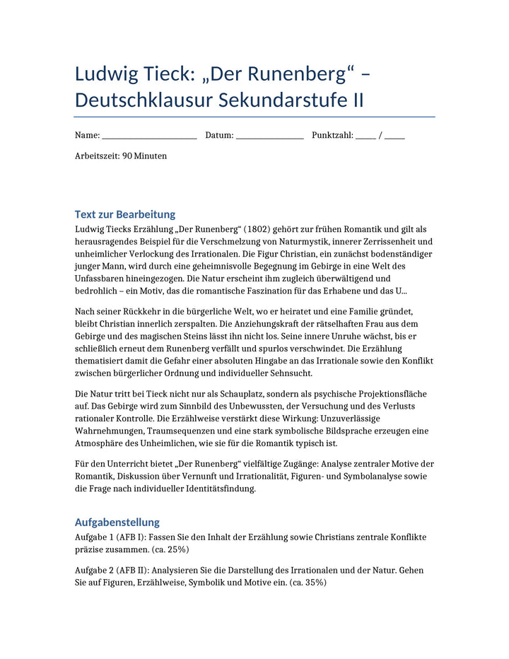 Der Runenberg – Romantik, Irrationalität & Natur | Klausur Sek II