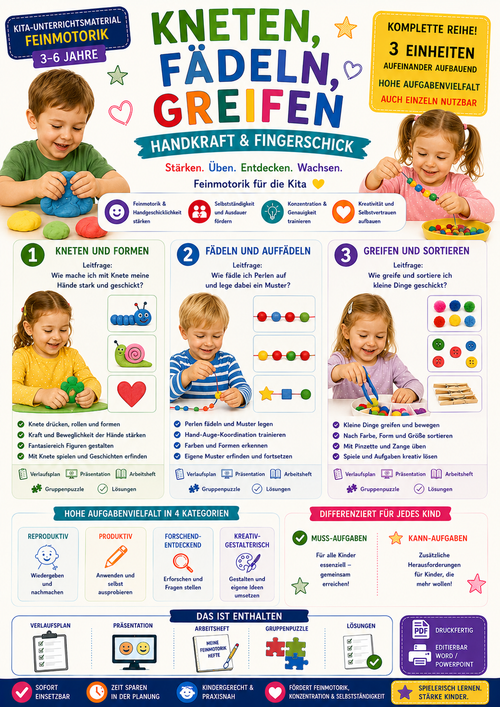 Kneten, Fädeln, Greifen – Handkraft & Fingergeschick · Kita-Unterrichtsmaterial | Feinmotorik (3–6 Jahre)