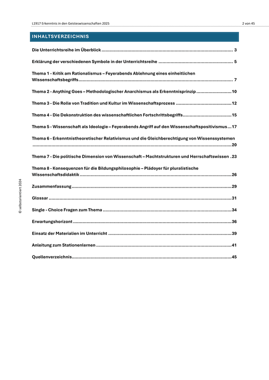 Unterrichtsreihe: Erkenntnis in den Geisteswissenschaften − Kernstellen aus Feyerabend