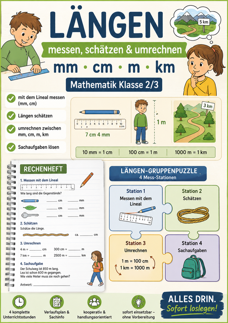 Längen – messen, schätzen & umrechnen | mm cm m km | Mathematik Klasse 2/3