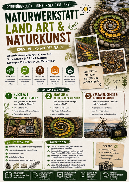 Naturwerkstatt: Land Art & Naturkunst – Naturmaterial, Anordnung & Vergänglichkeit | Kunst Sek I (Kl. 5–8)