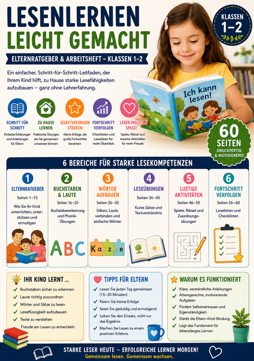 Modernes Arbeitsheft zum Lesenlernen für Klasse 1 und 2 mit Elternratgeber, Alphabetübungen, Phonik, Lesetexten, Leseverständnis und spielerischen Aufgaben.