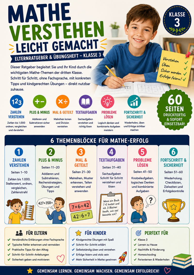 Mathe-Arbeitsheft für Klasse 3 mit Elternratgeber, Übungen zum Zahlenraum bis 1.000, Multiplikation, Division, Sachaufgaben und mathematischen Strategien.
