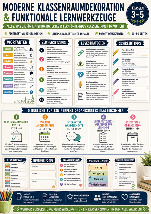 Modernes Klassenraum-Setup mit Lernpostern, Grammatikübersichten, Lesestrategien, Klassenregeln, Kalendern und Organisationsmaterialien für Klasse 3 bis 5.