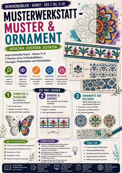 Musterwerkstatt: Muster & Ornament – Symmetrie, Bordüre & Kulturen | Kunst Sek I (Kl. 5–8)
