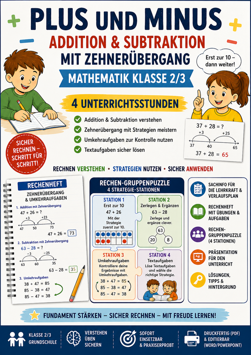 Plus und Minus – Addition & Subtraktion mit Zehnerübergang | Mathematik Klasse 2/3