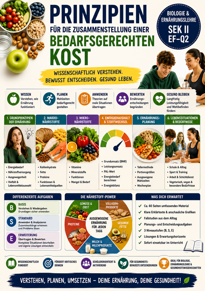 Prinzipien bedarfsgerechte Kost Unterrichtsmaterial Biologie Ernährungslehre Sek II ausgewogene Ernährung Makronährstoffe Mikronährstoffe Energiehaushalt Tellermethode Ernährung Oberstufe Infografik