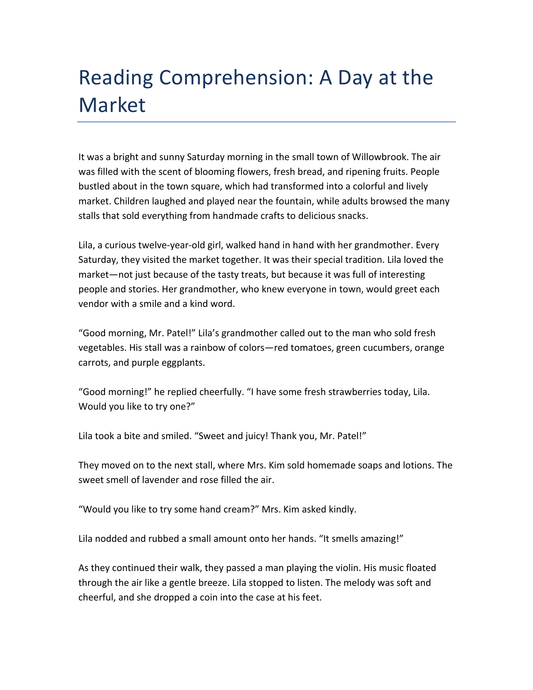 A Day At The Market - Reading Comprehension Englisch 6. Klasse