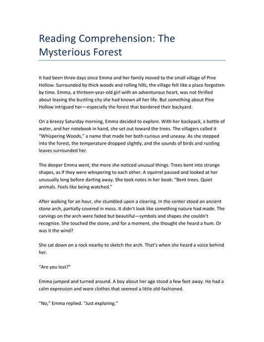 The Mysterious Forest - Leseverstehen Arbeitsblatt Englisch Klasse 7