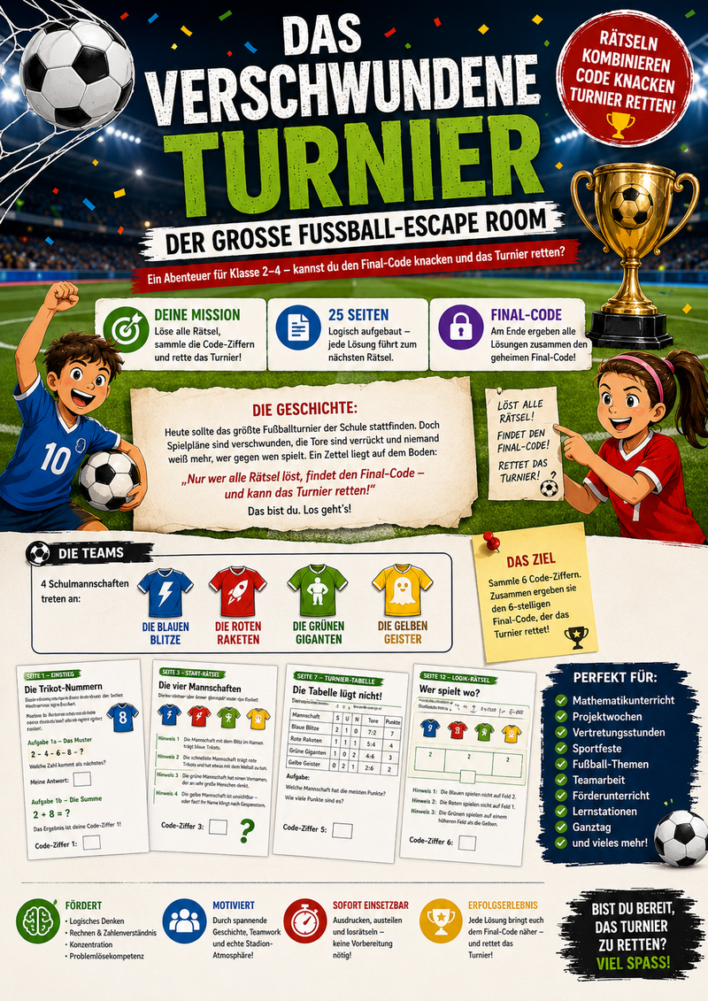 Printable soccer escape room with 35 pages of math puzzles, logic challenges, tournament activities and teamwork tasks for Grades 2–4. No-prep classroom resource.