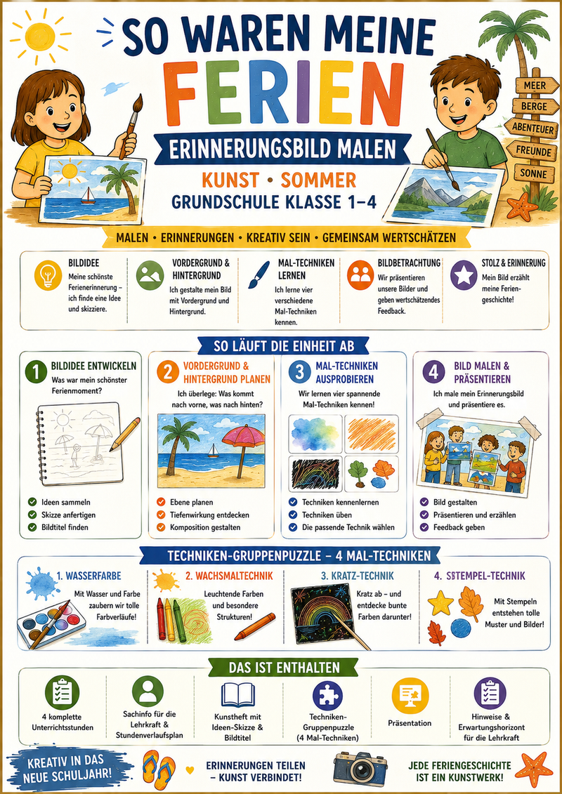 So waren meine Ferien – Erinnerungsbild malen | Kunst Sommer | Grundschule Klasse 1–4