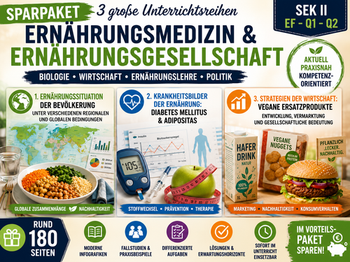 Unterrichtsmaterial Sparpaket Ernährungsmedizin Ernährungsgesellschaft Biologie Ernährungslehre Wirtschaft Sek II Diabetes Adipositas Ernährungssituation Vegane Ersatzprodukte Nachhaltigkeit Unterrichtsmaterial Oberstufe