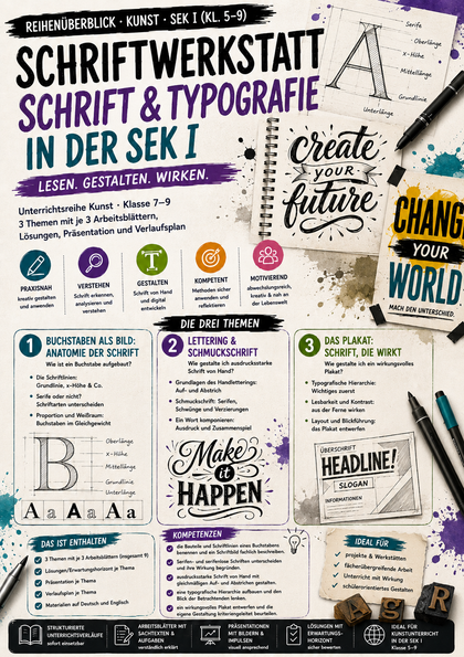 Schriftwerkstatt: Schrift & Typografie – Buchstaben, Lettering & Plakat | Kunst Sek I (Kl. 7–9)