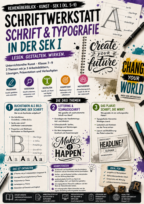 Schriftwerkstatt: Schrift & Typografie – Buchstaben, Lettering & Plakat | Kunst Sek I (Kl. 7–9)
