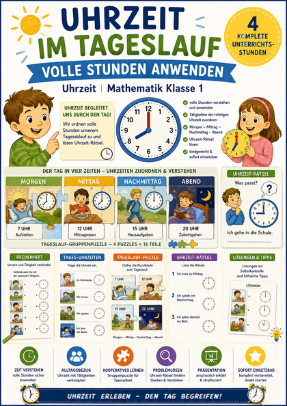 Uhrzeit im Tageslauf – volle Stunden anwenden | Uhrzeit | Mathematik Klasse 1