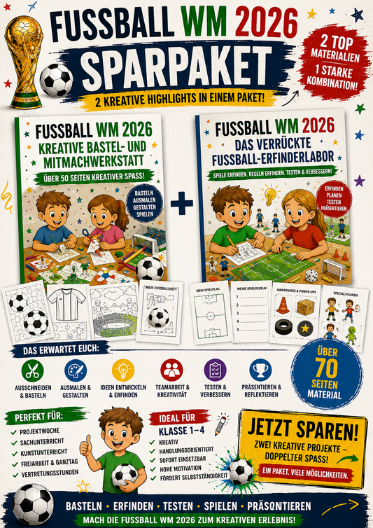 Gratis Fußball-Sparpaket mit 50+ Materialseiten: Bastelbögen, Ausmalbilder, Kreativaufgaben, Spielideen und Mini-Projekt für Klasse 1–4.