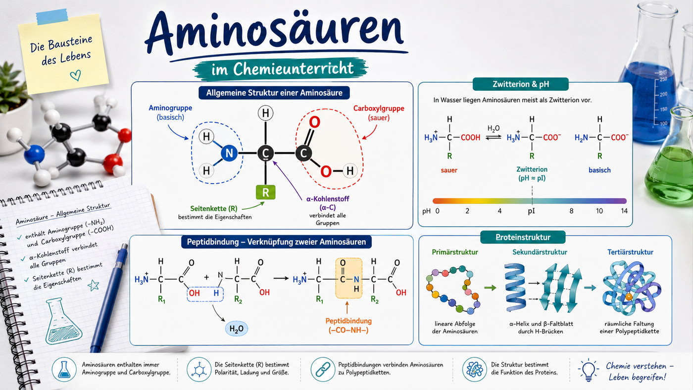 Aminosäuren im Chemieunterricht Sek II mit Strukturformeln, Peptidbindung und Proteinmodell