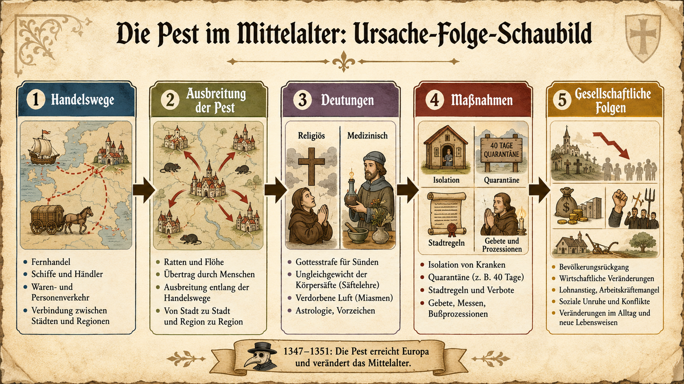 Pest im Mittelalter im Geschichtsunterricht Sek I mit Quellenarbeit, Karte, Ursachen und Folgen