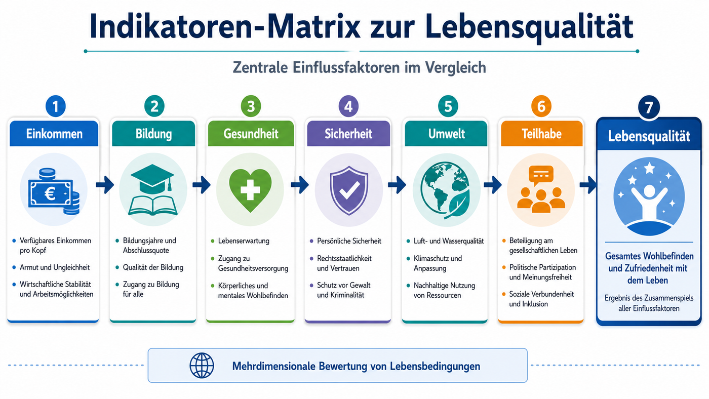 Lebensqualität weltweit im Geographieunterricht mit Karten, Indikatoren, HDI, Disparitäten und Datenanalyse
