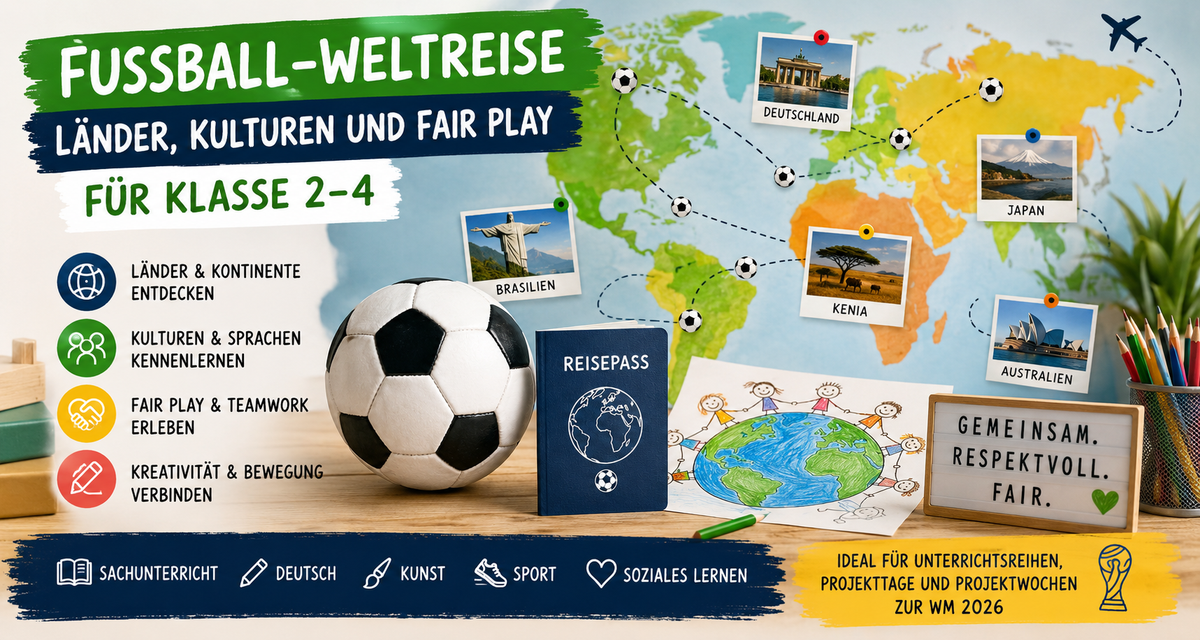 Fußball-Weltreise Grundschule zur WM 2026 mit Ländern, Kulturen, Fair Play und Bewegungsspielen
