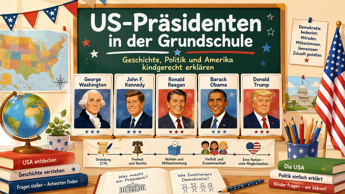 US-Präsidenten Grundschule Unterrichtsmaterial Klasse 3 bis 4 mit Washington Kennedy Reagan Obama und Trump