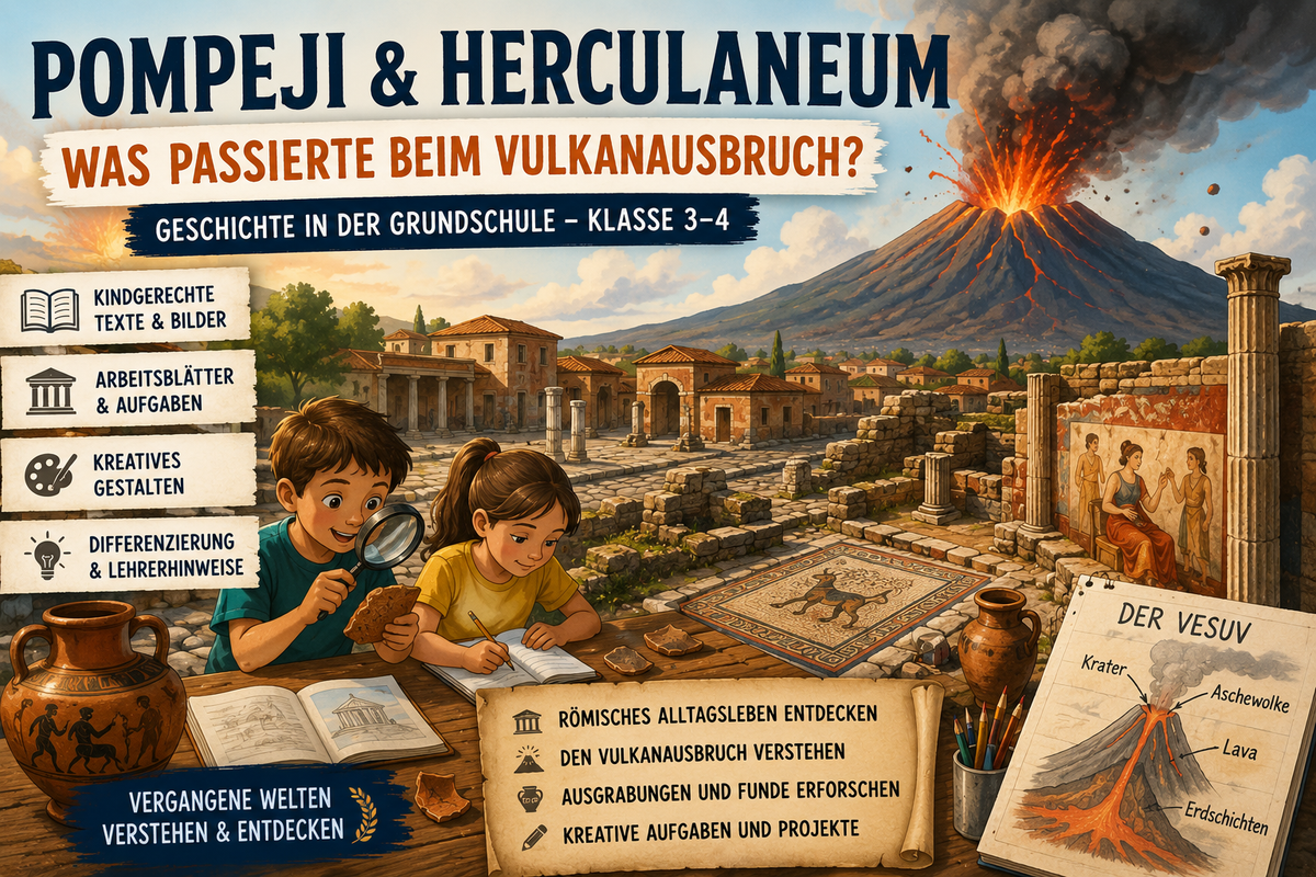 Pompeji und Herculaneum Grundschule Unterrichtsmaterial Klasse 3 bis 4 mit Vesuv Vulkanausbruch Antike und Ausgrabungen