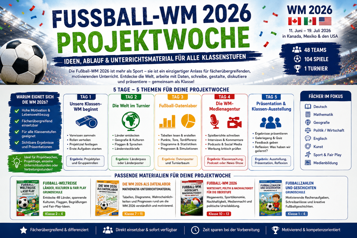 Infografik zur Fußball-WM 2026 Projektwoche mit 5-Tage-Ablauf, Fächerbezügen und passenden Unterrichtsmaterialien für Grundschule, Sek I und Sek II.