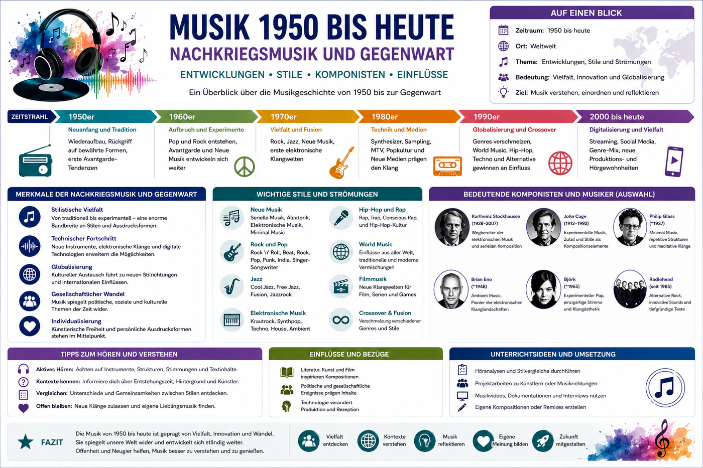 Musik von 1950 bis heute mit Nachkriegsmusik Gegenwart Stilen Komponisten Entwicklungen und musikalischen Einflüssen