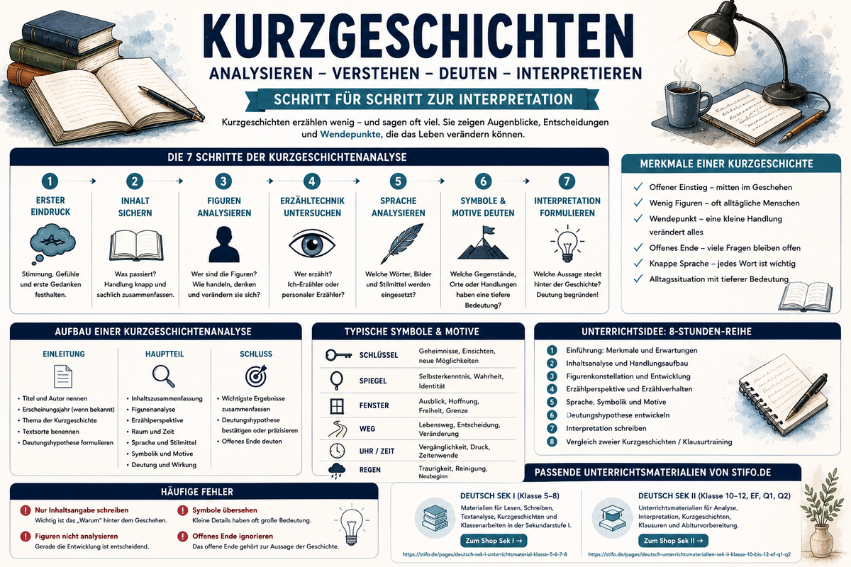 Infografik zur Analyse von Kurzgeschichten mit Aufbau, Figurenanalyse, Erzählperspektive, Sprache, Symbolik und Unterrichtsideen für Sek I und Sek II.